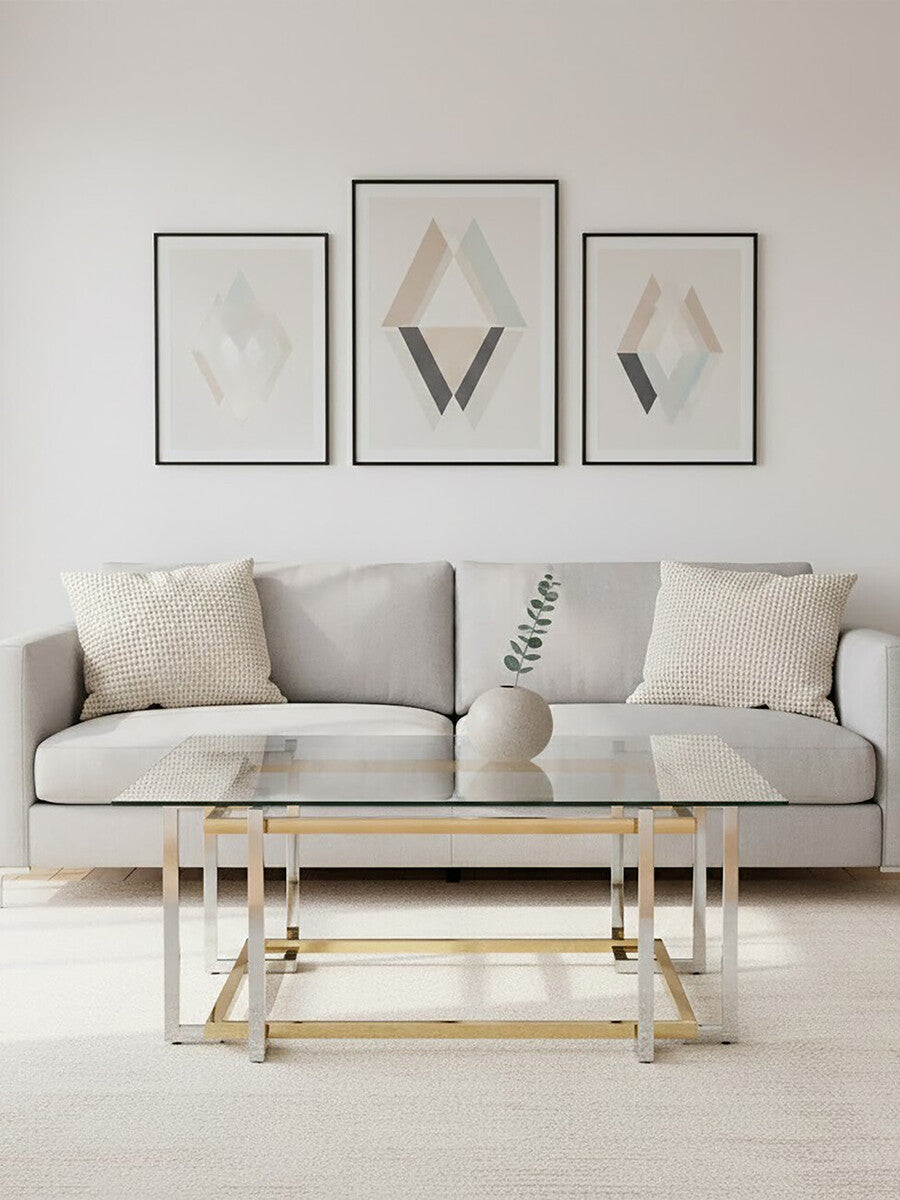 Clear Tempered Glass Top Coffee Table with Silver and Gold Stainless Steel Base, Elino