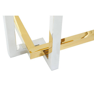 Clear Tempered Glass Top Side Table with Silver and Gold Stainless Steel Base, Elino