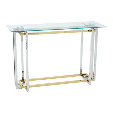 Clear Tempered Glass Top Console Table with Silver and Gold Stainless Steel Base, Elino
