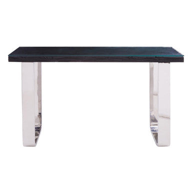 Black Wood and Clear Glass Top Console Table with Silver U-Shaped Metal Legs, Kerala