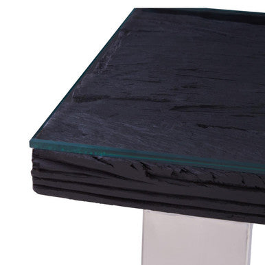 Black Wood and Clear Glass Top Console Table with Silver U-Shaped Metal Legs, Kerala