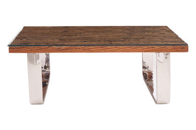 Natural Wood and Clear Glass Top Coffee Table with Silver U-Shaped Metal Legs, Kerala