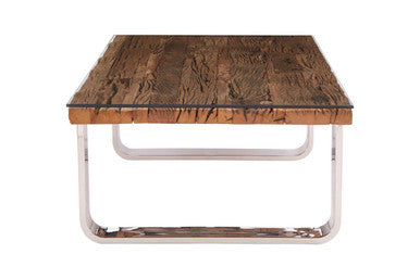 Natural Wood and Clear Glass Top Coffee Table with Silver U-Shaped Metal Legs, Kerala