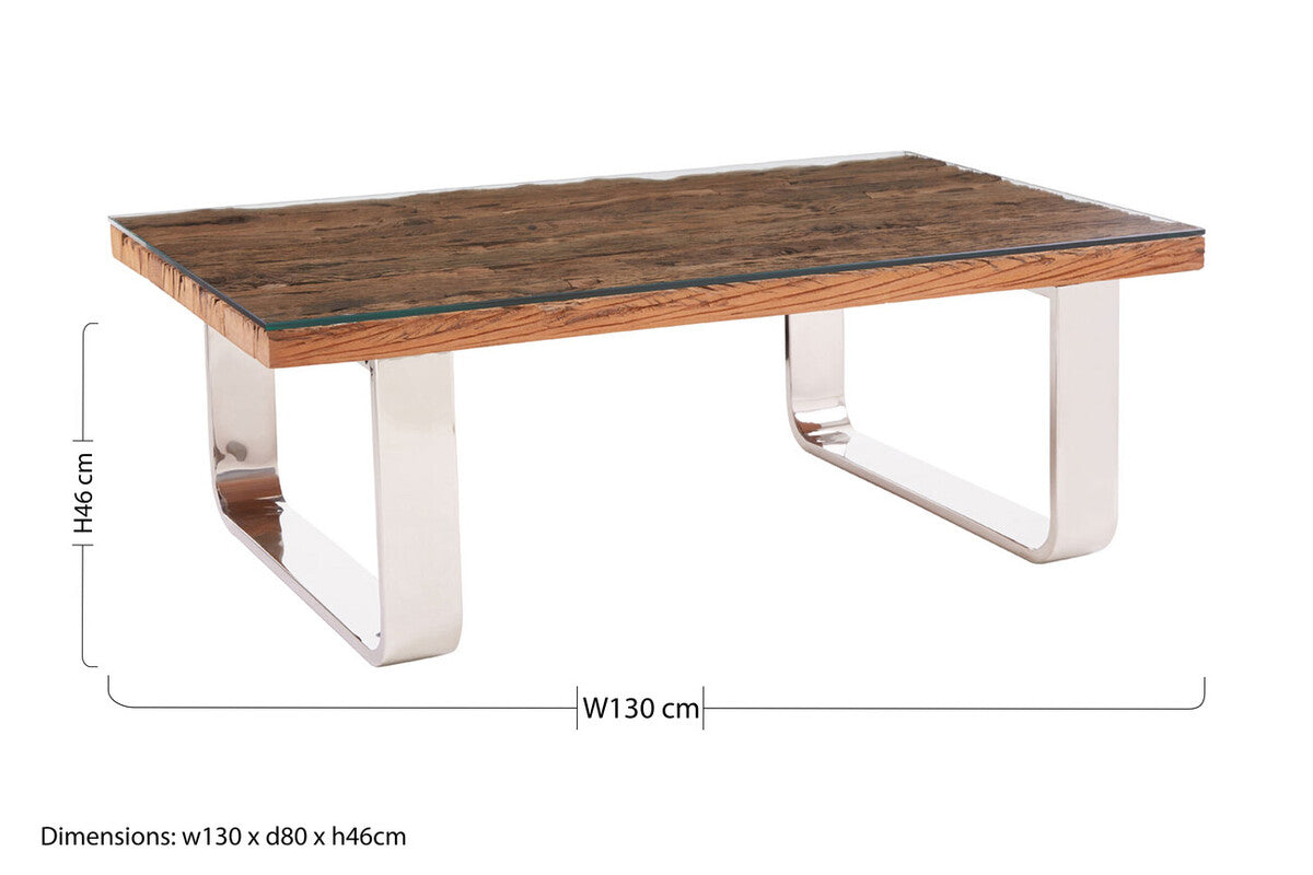 Natural Wood and Clear Glass Top Coffee Table with Silver U-Shaped Metal Legs, Kerala