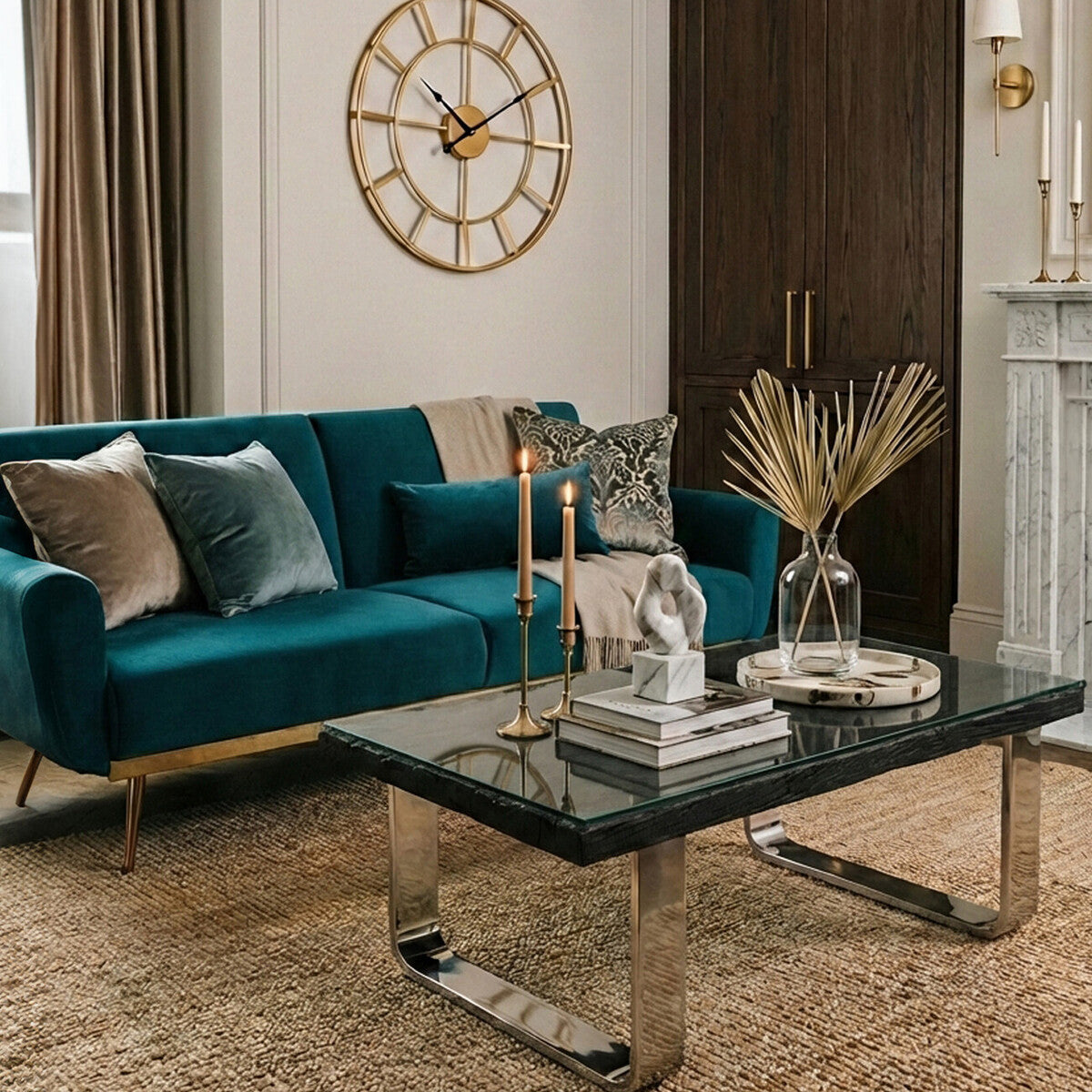 Black Wood and Clear Glass Top Coffee Table with Silver U-Shaped Metal Legs, Kerala
