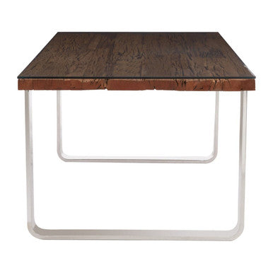 Natural Wood and Clear Glass Top Dining Table with Silver U-Shaped Metal Legs, Kerala