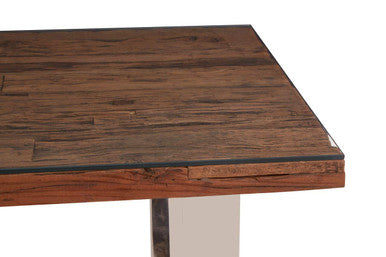 Natural Wood and Clear Glass Top Dining Table with Silver U-Shaped Metal Legs, Kerala