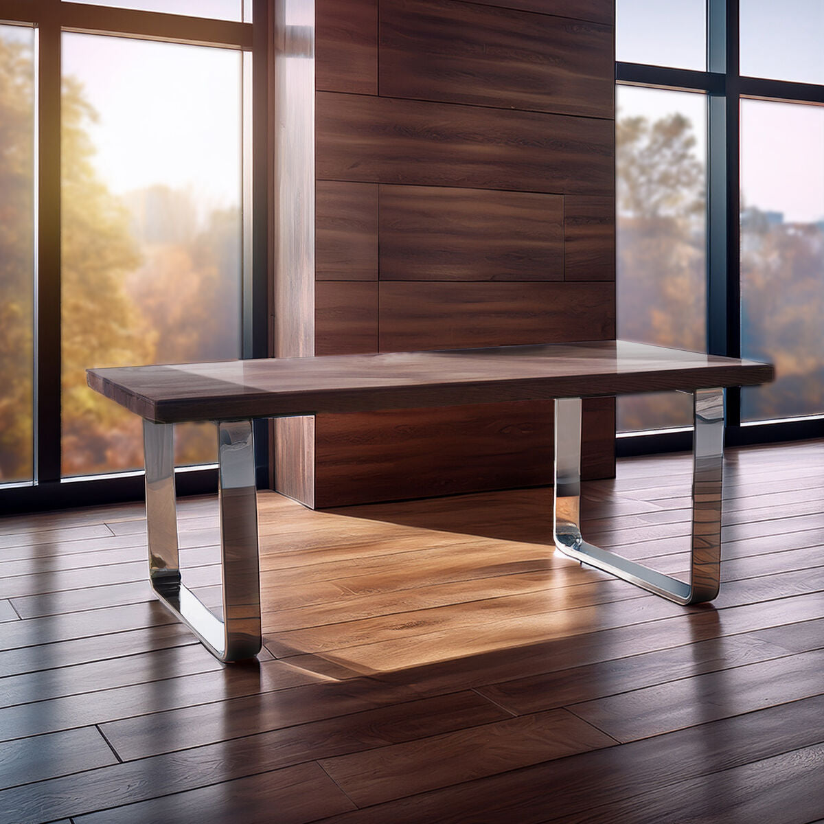 Natural Wood and Clear Glass Top Dining Table with Silver U-Shaped Metal Legs, Kerala