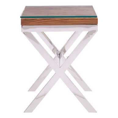 Natural Sal Wood and Clear Glass Top Side Table with White Crossed Legs, Kerala