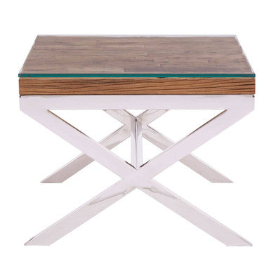 Square Natural Wood and Clear Glass Top End Table with Silver Cross Base, Kerala