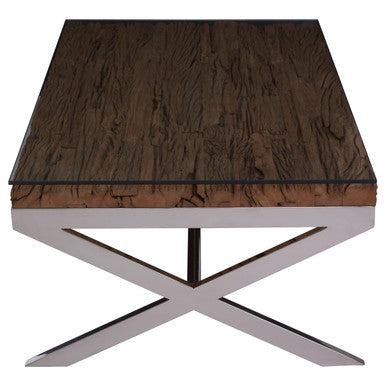Square Natural Wood and Clear Glass Top Coffee Table with Silver Cross Base, Kerala