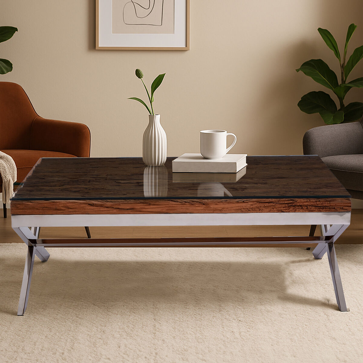 Square Natural Wood and Clear Glass Top Coffee Table with Silver Cross Base, Kerala