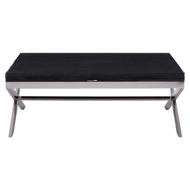 Square Black Wood and Clear Glass Top Coffee Table with Silver Cross Base, Kerala