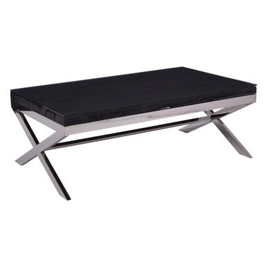 Square Black Wood and Clear Glass Top Coffee Table with Silver Cross Base, Kerala