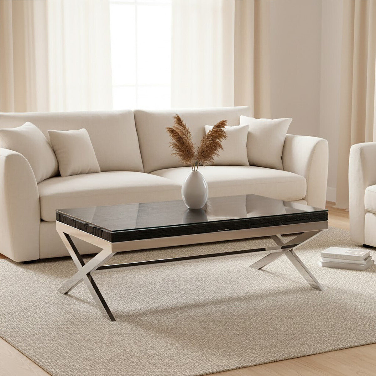 Square Black Wood and Clear Glass Top Coffee Table with Silver Cross Base, Kerala