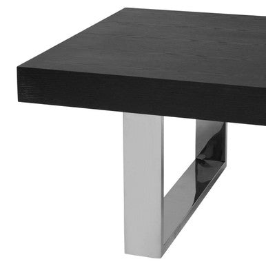 Black Elm Wood Rectangular Coffee Table with Stainless Steel U Shaped Legs, Ulmus