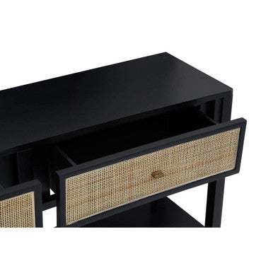 Black Console Table with Sturdy Frame and 2 Rattan-Front Drawers, Corso