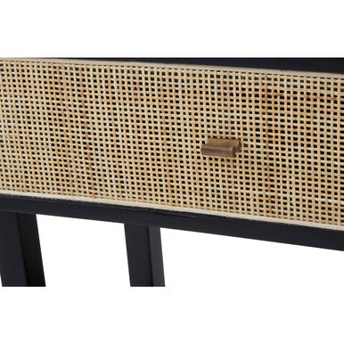 Black Console Table with Sturdy Frame and 2 Rattan-Front Drawers, Corso