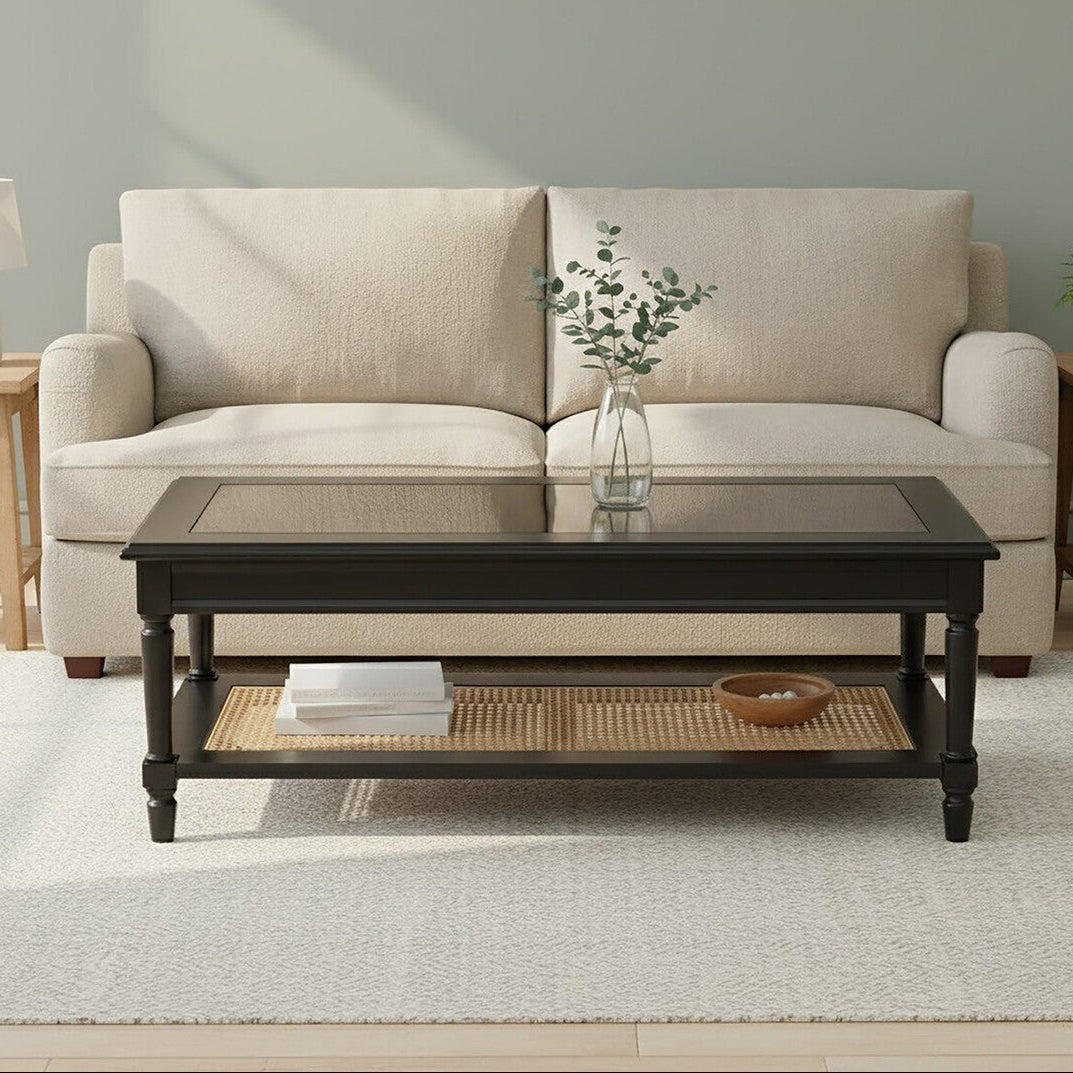 Black Finish Clear Glass Top Coffee Table with Natural Rattan Woven Shelf, Corso