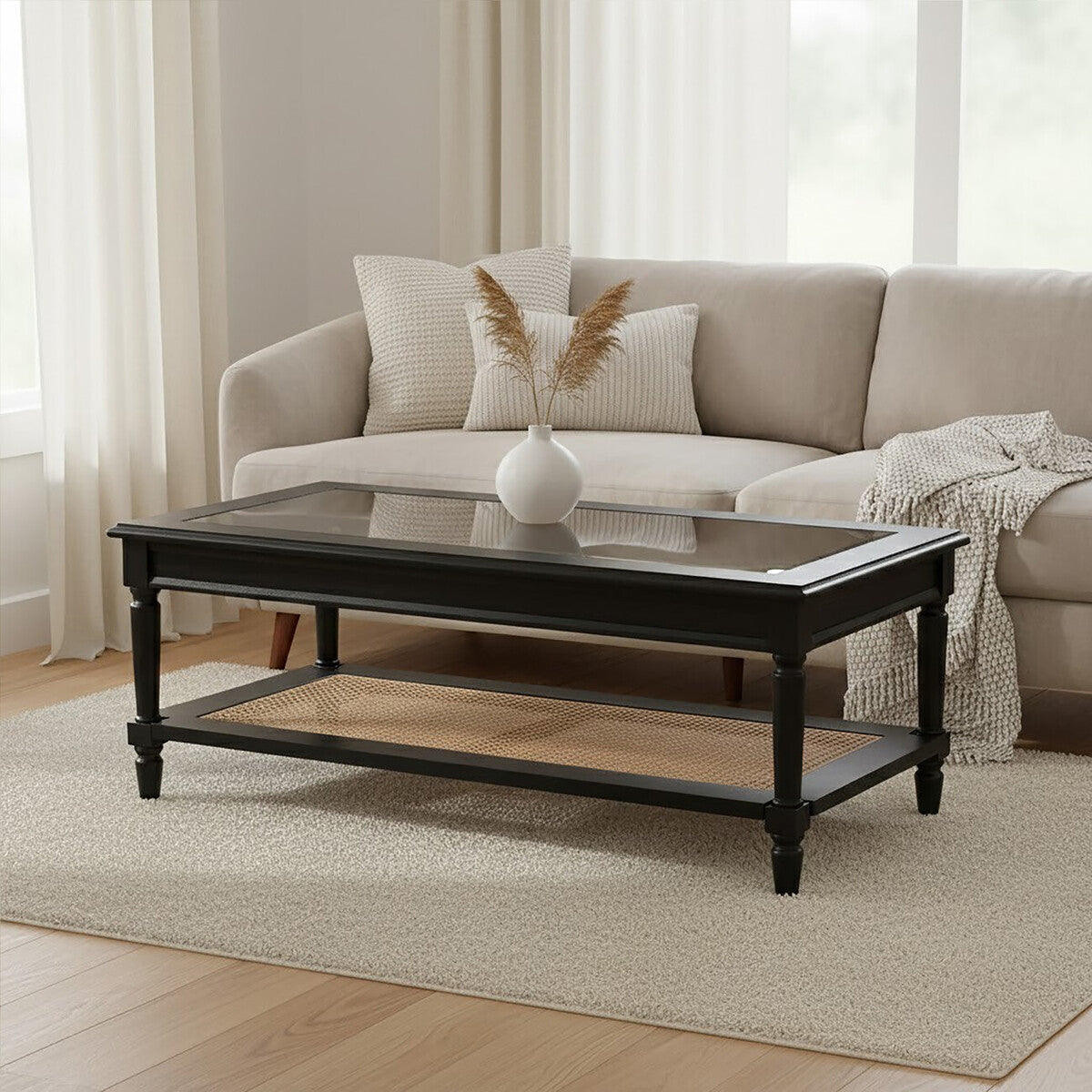 Black Finish Clear Glass Top Coffee Table with Natural Rattan Woven Shelf, Corso