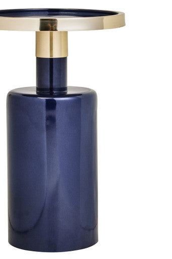 Gold and Navy Art Deco Pillar Metal Side Table with Base, Elva