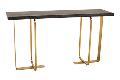 Black and Grey Oak Veneer Wooden Rectangular Console Table with Gold Finish Metal Angular Base, Lena