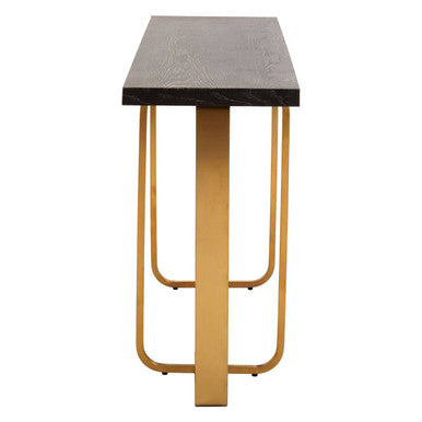 Black and Grey Oak Veneer Wooden Rectangular Console Table with Gold Finish Metal Angular Base, Lena