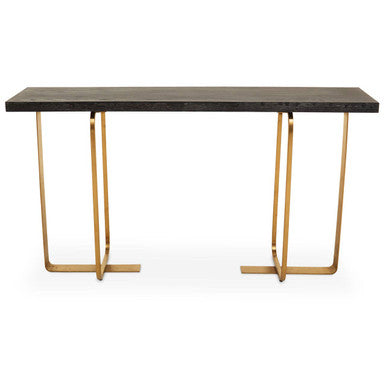 Black and Grey Oak Veneer Wooden Rectangular Console Table with Gold Finish Metal Angular Base, Lena