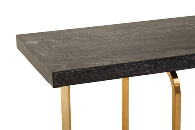 Black and Grey Oak Veneer Wooden Rectangular Console Table with Gold Finish Metal Angular Base, Lena