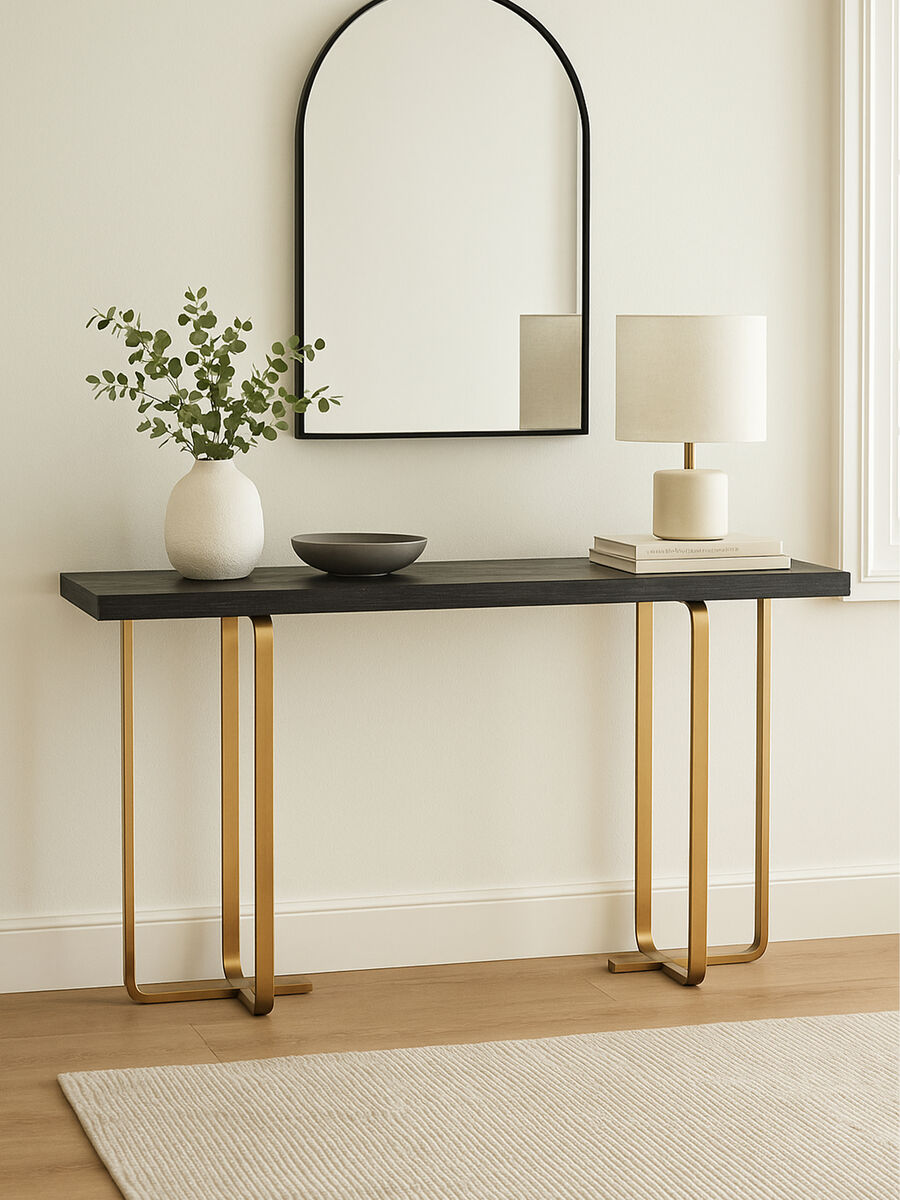 Black and Grey Oak Veneer Wooden Rectangular Console Table with Gold Finish Metal Angular Base, Lena