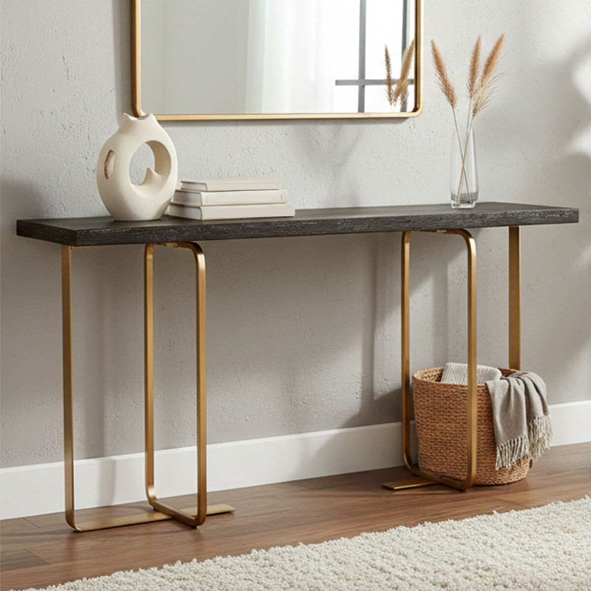 Black and Grey Oak Veneer Wooden Rectangular Console Table with Gold Finish Metal Angular Base, Lena