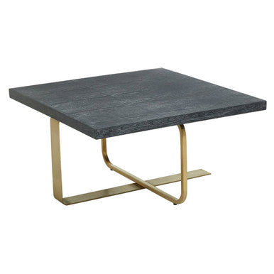 Black and Grey Oak Veneer Wooden Coffee Table with Gold Finish Metal Angular Base, Lena