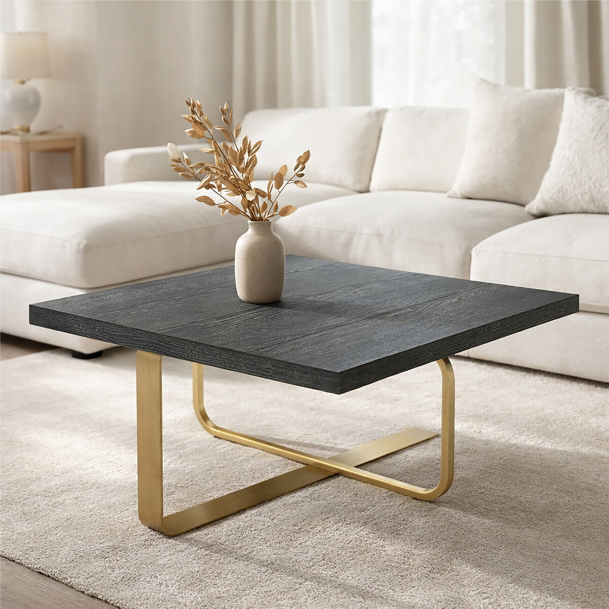 Black and Grey Oak Veneer Wooden Coffee Table with Gold Finish Metal Angular Base, Lena