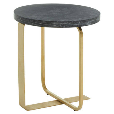 Black and Grey Round Oak Veneer Wood Side Table with Gold Finish Stainless Steel Base, Lexa