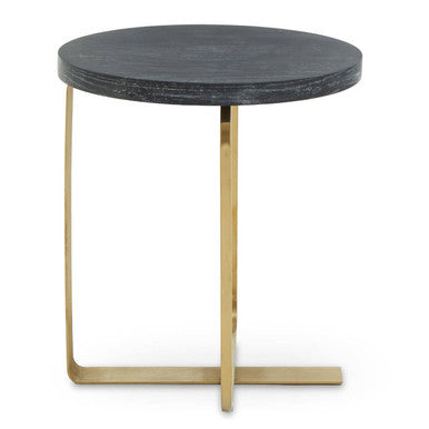 Black and Grey Round Oak Veneer Wood Side Table with Gold Finish Stainless Steel Base, Lexa