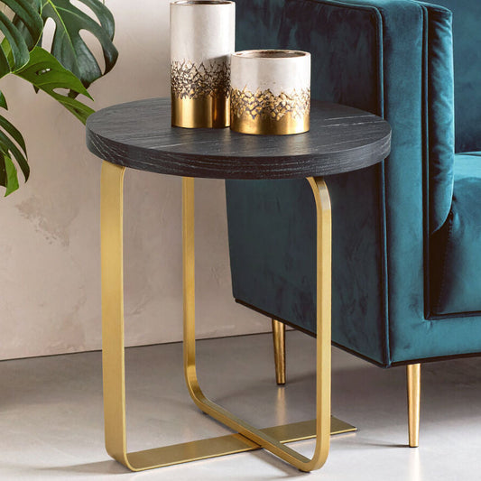 Black and Grey Round Oak Veneer Wood Side Table with Gold Finish Stainless Steel Base, Lexa
