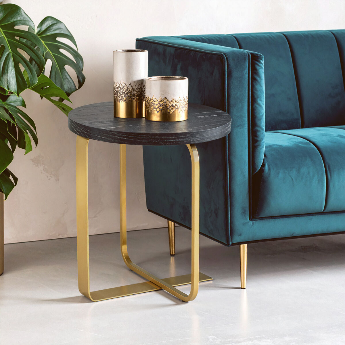 Black and Grey Round Oak Veneer Wood Side Table with Gold Finish Stainless Steel Base, Lexa