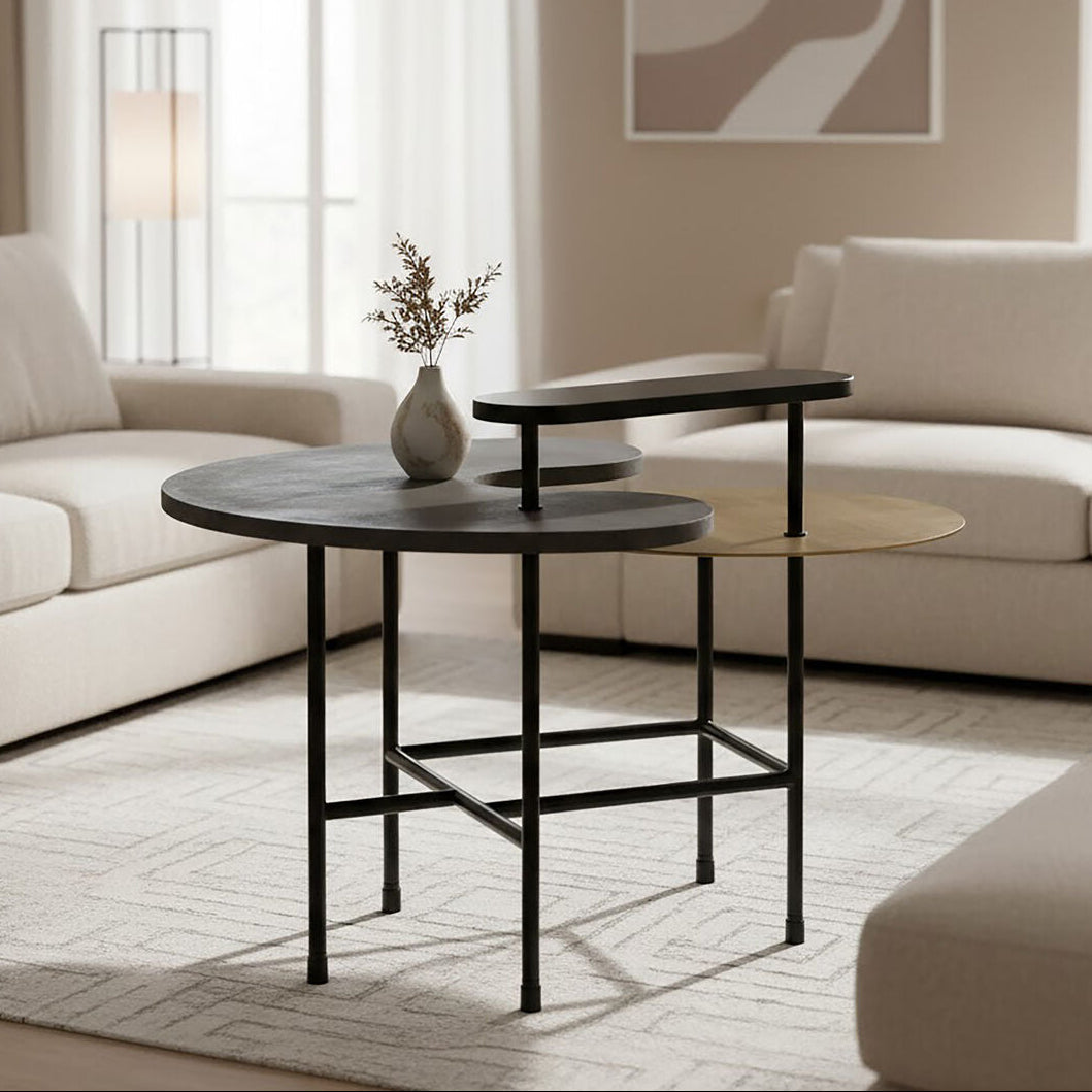 Mixed Metal Finish Tops Sculptural Nesting Coffee Table Set with Black Frame, Serrano