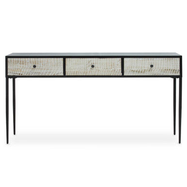 Black and Grey Textured Pine Wood Console Table with 3 White Storage Drawers, Luxor