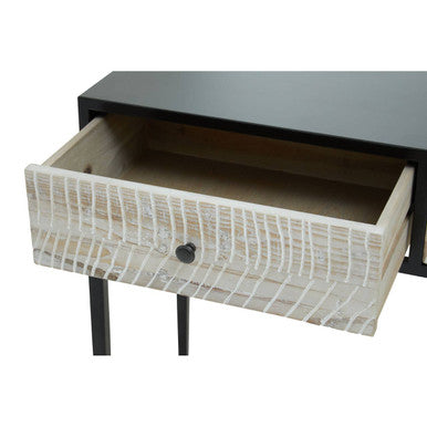 Black and Grey Textured Pine Wood Console Table with 3 White Storage Drawers, Luxor