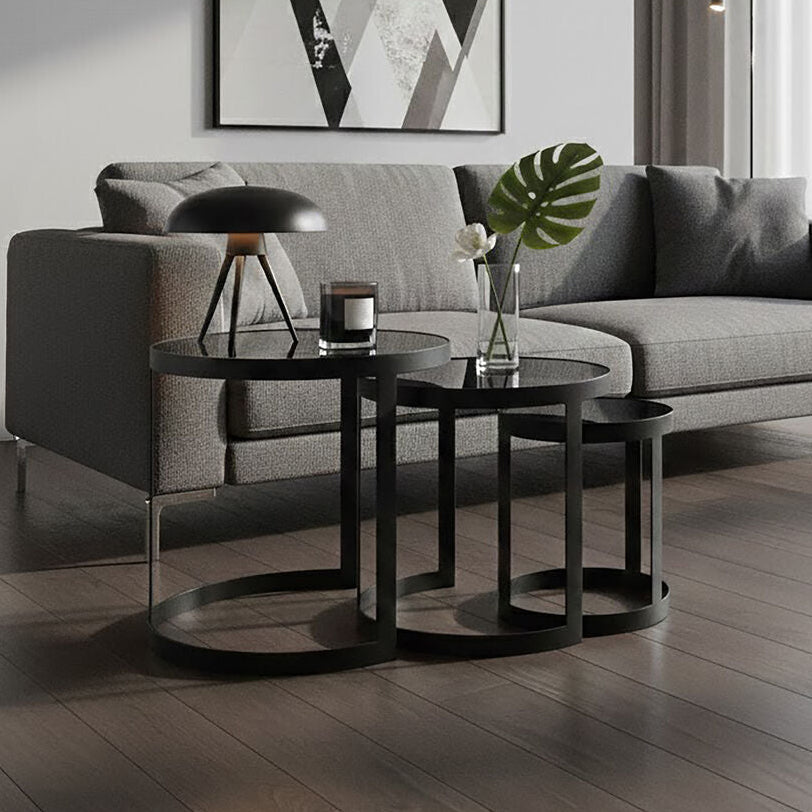 Set of 3 Black Glass Top and Metallic Base Nesting Tables, Corra