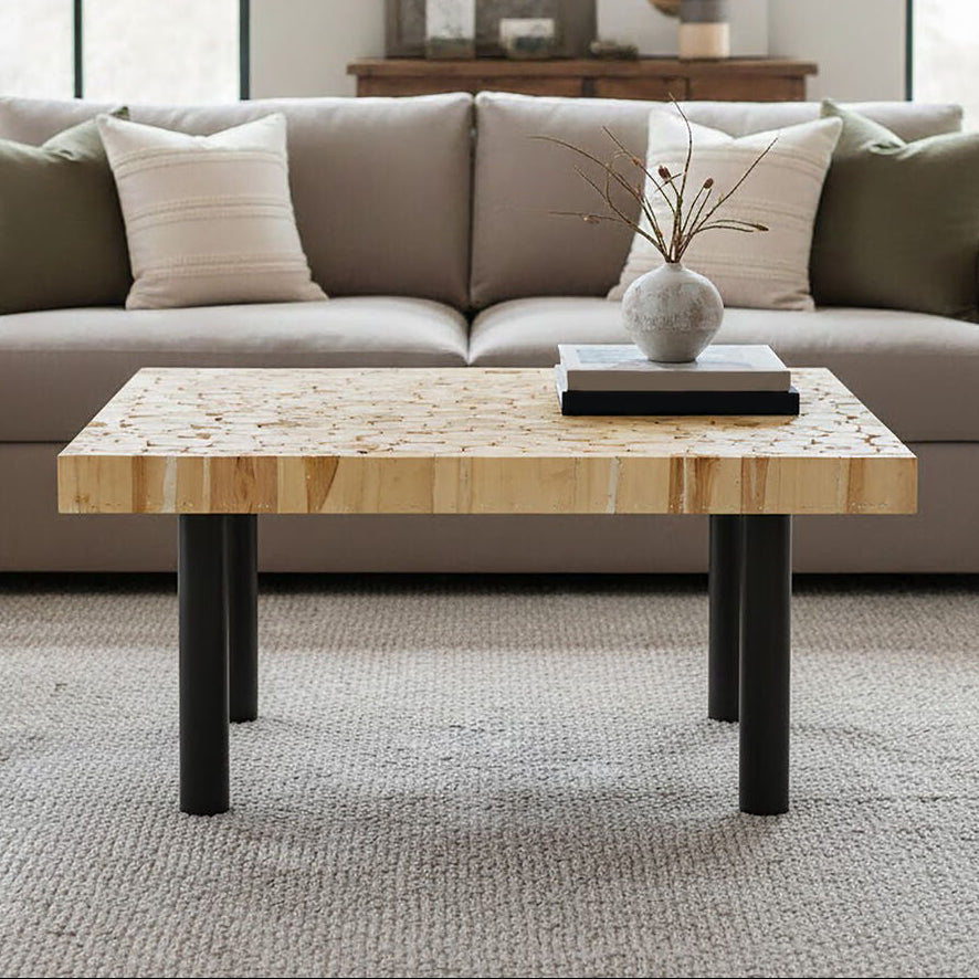 Natural Teak Wood Branch Effect Coffee Table with Black Metal Legs, Malang