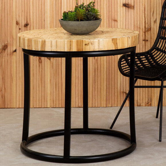 Teak Wood Mosaic Round Top Coffee Table with Black Iron Frame, Malang