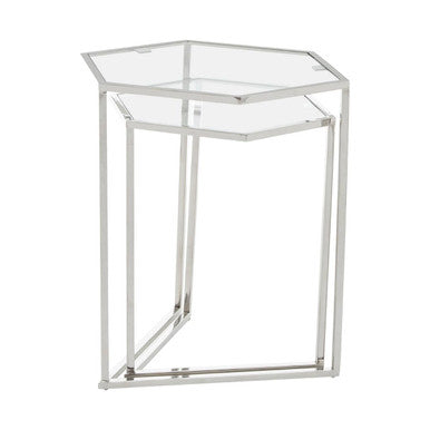 Silver Geometric Steel Side Table with Mirrored Glass Top, Herber