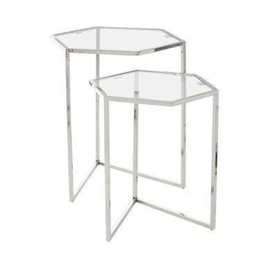 Silver Geometric Steel Side Table with Mirrored Glass Top, Herber