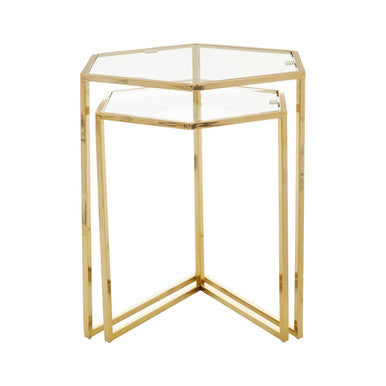 Gold Geometric Stainless Steel Set of 2 Side Table with Mirrored Glass Top, Herber