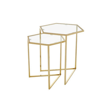 Gold Geometric Stainless Steel Set of 2 Side Table with Mirrored Glass Top, Herber