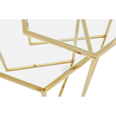 Gold Geometric Stainless Steel Set of 2 Side Table with Mirrored Glass Top, Herber