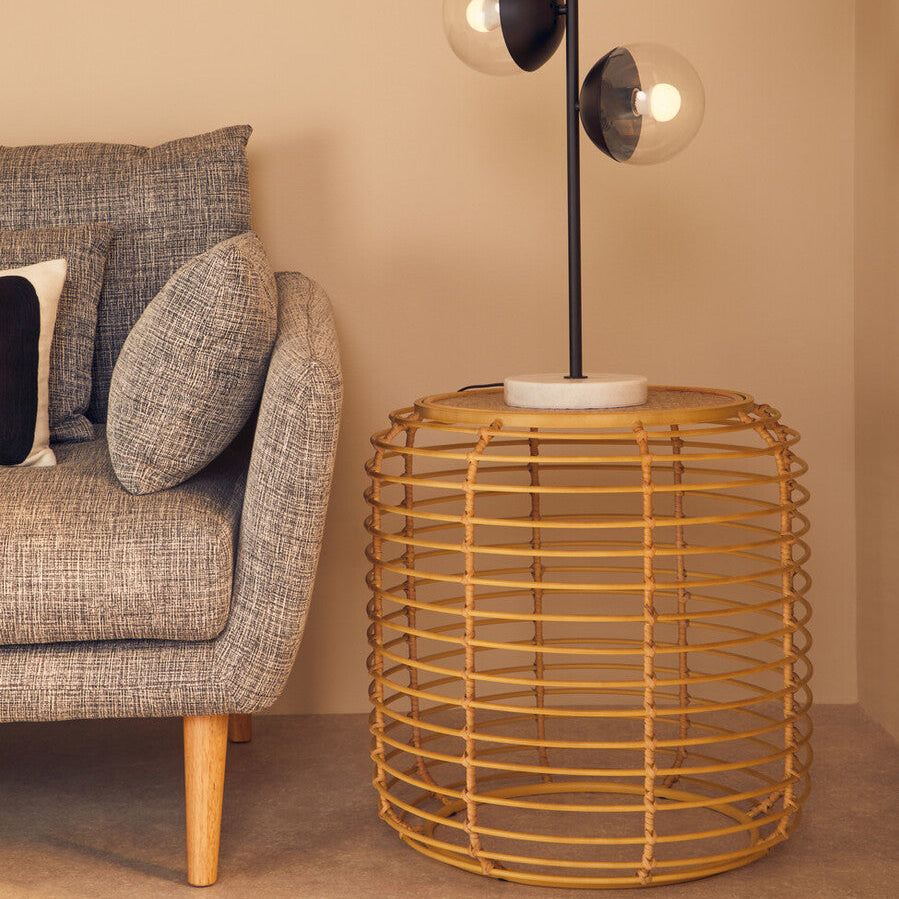 Natural Round Hand Woven Rattan Top Side Table with Gold Finish Cage Base, Trento