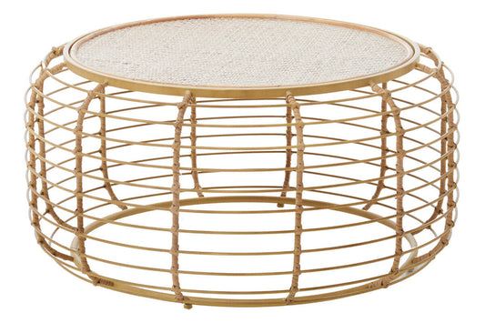 Natural Round Hand Woven Rattan Top Coffee Table with Gold Finish Cage Base, Trento